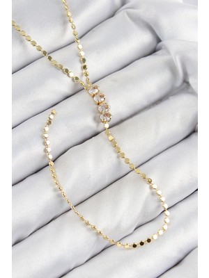 Hkursat Pirinç Zirkon Taşlı Ezme Zincirli Model Gold Renk Y Kolye