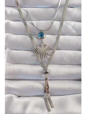 Hkursat 316L Çelik Gümüş Renk Zirkon Taşlı Göz Detay Nazarlı Uzun Asansör Model Kolye