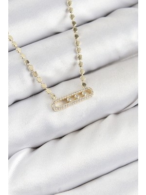 Hkursat Pirinç Zirkon Taşlı Messika Model Ezme Zincir Gold Renk Kadın Kolye
