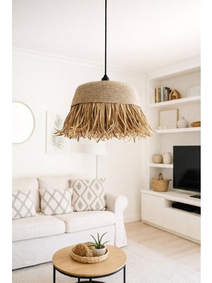 El Yapımı Rustik Bohem Aydınlatma Hasır Rafya Püsküllü Avize (Duy Dahildir)