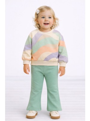 Rapapa Kız Çocuk 3 Ipliık Şardonlu Pastel Desenli Sweatshirt & Mint Mavisi Pijama Alt Takım – 10769