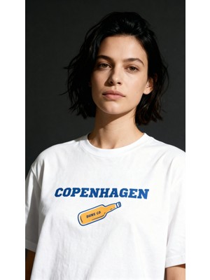 Dune Clothings Copenhagen Oversize 3 Iplik Pamuk Baskılı Beyaz T-Shirt