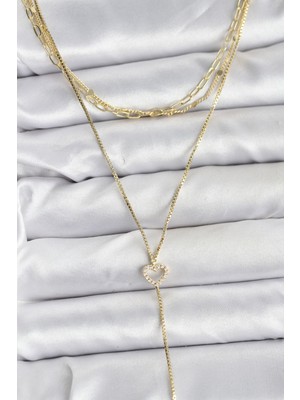 Hkursat Pirinç Gold Renk Kalp Detaylı 3'lü Kombin Y Kadın Kolye