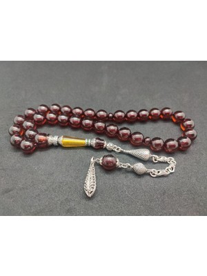 İskeçe Tesbih Şevket Alkan Usta Eseri 925 Ayar Gümüş Nakkaş Sıkma Kehribar Sertifikalı 7977