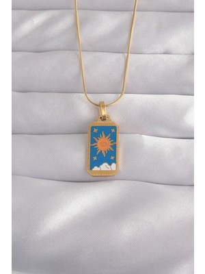 Hkursat 316L Çelik Gold Renk Mavi Mineli Güneş Model Tarot Kolye