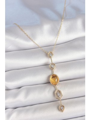 Hkursat Pirinç Zincir Kehribar Sarı Gold Renk  Zirkon Taşlı Y Kolye