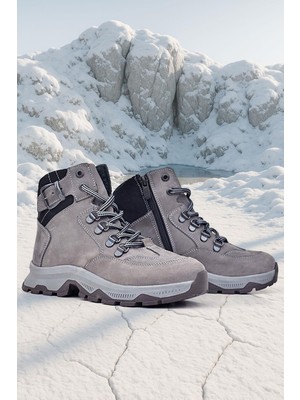 Rakerplus Hakiki Deri Gri Bağcıklı Fermuarlı Trekking Çocuk Bot