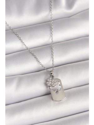 Hkursat 316L Çelik Gümüş Renk Zincir Zirkon Taşlı Yonca Model Kadın Kolye