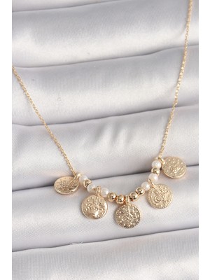 Hkursat Pirinç Gold Renk 5'li Osmanlı Tuğra Figür Inci Detay Kadın Kolye