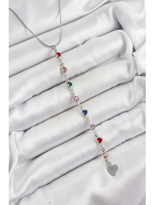 Hkursat Pirinç Gümüş Renk Karışık Renk Zirkon Taşlı Kalpli Y Kadın Kolye