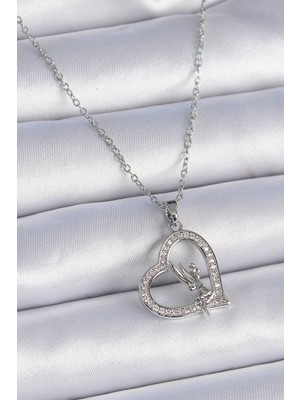 Hkursat 316L Çelik Zincir Gümüş Renk Zirkon Taşlı Kalp Model Melek Detay Kadın Kolye