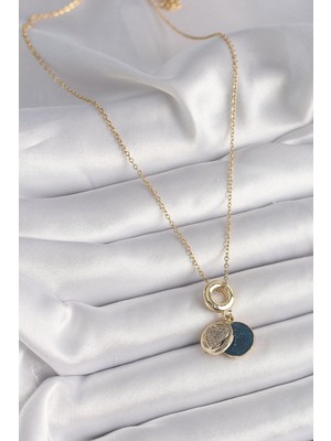 Hkursat 316L Çelik Gold Renk Zincir Zirkon Taşlı Kalp Model Mavi Simli Kadın Kolye