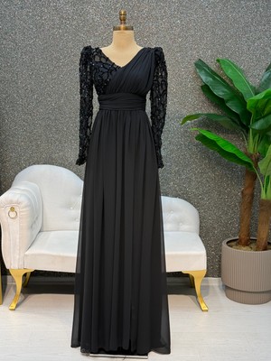 E&A Eren Abiye Uzun Kol V Yaka Sıfon Elbıse