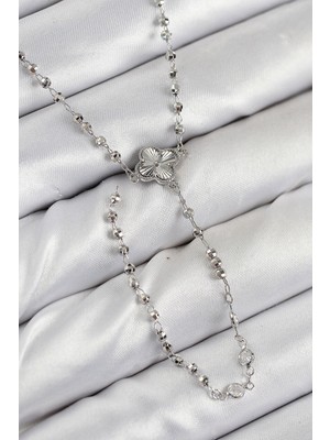 Hkursat Pirinç Zirkon Taşlı Yonca Model Gümüş Renk Kadın Y Kolye