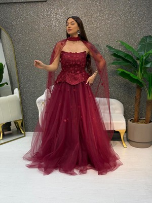 E&A Eren Abiye Straplez Cıcek Desenlı Pelerınlı Preses Abıye