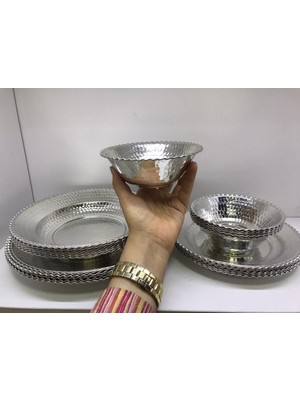 Maraş Bakırcılık - El Dövmesi Desenli Bakır Yemek Takımı Tabak Seti – Şık Sunum ve Servis Seti (23 Parça))