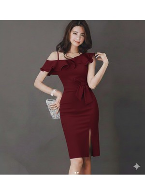 Nake Butik Kadın Fırfır Detaylı Vücuda Oturan Midi Boy Elbise