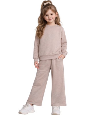 İrem Çocuk Giyim Kız Çocuk Üzeri Full Taş Detaylı Bol Paça Pantolon Modelli Pudra Renk Ikili Takım
