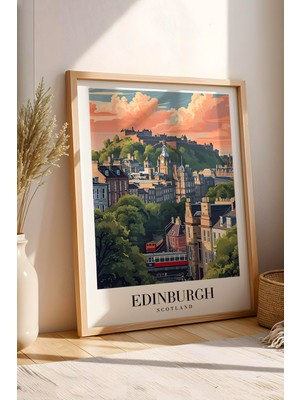 Edinburgh Scotland Vintage Seyahat Posteri Çerçeveli Tablo - Premium Tarihi Şehir Elit Duvar Dekoru