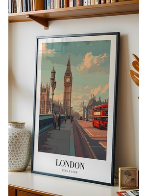 London England Vintage Seyahat Posteri Çerçeveli Tablo - Premium Big Ben Elit Duvar Dekoru
