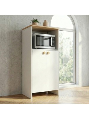 Mikrodalga Fırın Bölmeli Çok Amaçlı Mutfak Dolabı – Beyaz / Safir Meşe 137CM