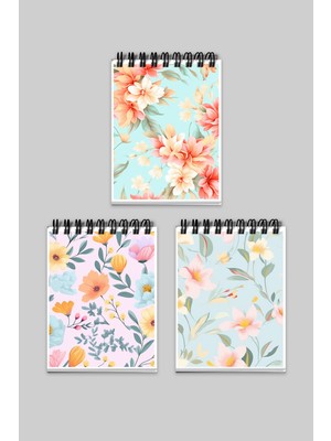 Qoeuyl Boutique Su Yeşili ve Somon Çiçekli Pastel Bahar Dalları Tasarım 3'lü A6 Not Defteri Seti