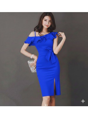 Nake Butik Kadın Fırfır Detaylı Vücuda Oturan Midi Boy Elbise