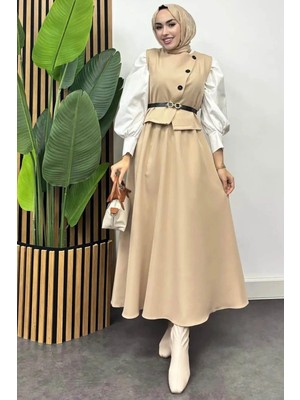 Tesettür Diyarı Zümrüt Yelekli Etek Takım- Krem