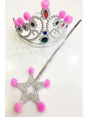 Ett Pembe Ponponlu Gümüş Renk Prenses Tacı ve Gümüş Renk Prenses Asası Dinç Store - 004982