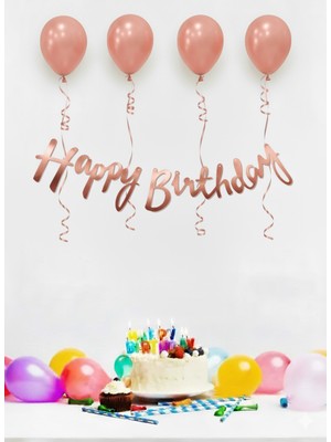 Deniz Party Store 4 Adet Metalik Rose Gold Balon Happy Bırthday Kaligrafi Yazı Set