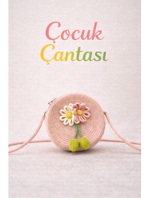 Selvira Çocuk Hasır Çanta Yuvarlak Model – Renkli Çiçek Detaylı, Omuz Askılı Yazlık Kız Çocuk Çantası
