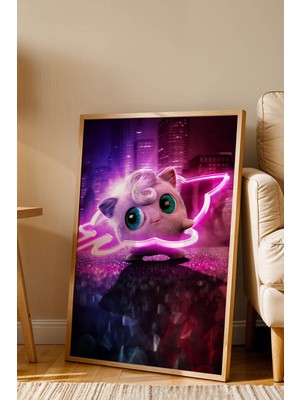 E2 Nova Jigglypuff Neon Pembe Çerçeveli Tablo - Lüks Realistik Pokemon Anime Modern Sinematik Duvar Dekoru