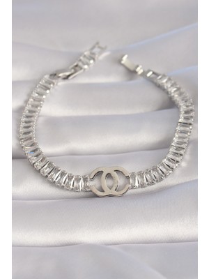 Hkursat Pirinç Gümüş Renk Zirkon Taşlı Su Yolu Model Vıp Seri Kadın Bileklik