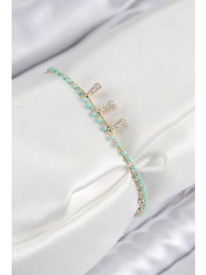 Hkursat Pirinç Zirkon Taşlı Mavi Boncuklu Model Gold Renk Kadın Bileklik