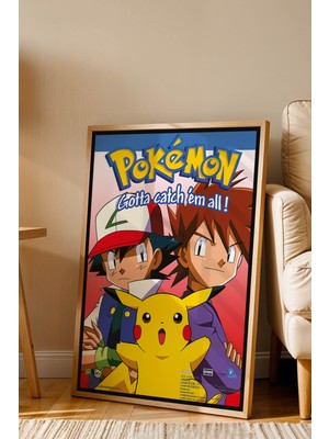 E2 Nova Pokemon Ash & Gary Çerçeveli Tablo - Lüks Pikachu Gotta Catch 'em All Retro Duvar Dekoru Anime Poster
