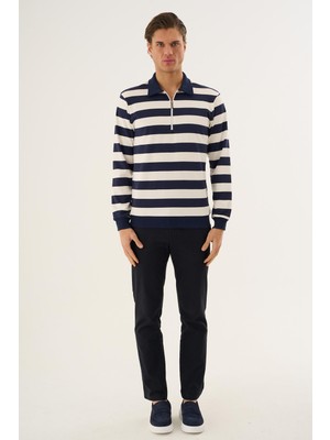 Alexander Gardi Çizgili Yarım Fermuarlı Polo Yaka Uzun Kollu Sweatshirt