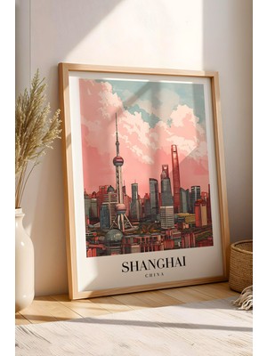E2 Nova Shanghai China Vintage Seyahat Posteri Çerçeveli Tablo - Premium Pudong Silüeti Elit Duvar Dekoru