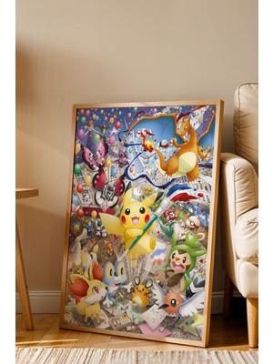 Pikachu Sanat Festivali Çerçeveli Tablo - Lüks Çok Renkli Pokemon Anime Çocuk Odası Duvar Dekoru