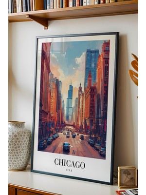E2 Nova Chicago Usa City Architecture Vintage Poster Çerçeveli Tablo - Premium Şehir Elit Duvar Dekoru