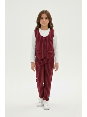 New Kids Kız Çocuk Çizgi Desenli Pantolon Düğmeli Yelek Klasik Uzun Kollu Bluz 3'lü Takım Rahat Kesim