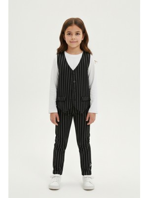 New Kids Kız Çocuk Çizgi Desenli Pantolon Düğmeli Yelek Klasik Uzun Kollu Bluz 3'lü Takım Rahat Kesim