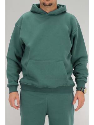 Souris Erkek Petrol Yeşili Oversize Kapüşonlu Sweatshirt 3 Iplik Şardonlu Kanguru Cepli