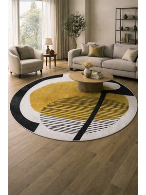 Qatalina Modern Soyut Desenli Halı | Hardal Siyah | Salon Oturma Odası Dekoratif Kaymaz Halı-Yuvarlak