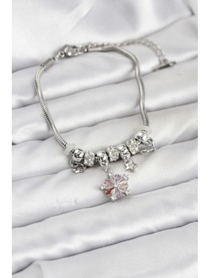 Hkursat Pirinç Gümüş Renk Renkli Yıldız Charmlı Kadın Bileklik