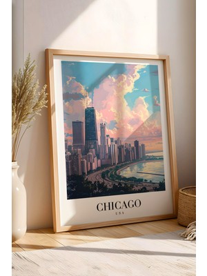 E2 Nova Chicago Usa Vintage Seyahat Posteri Çerçeveli Tablo - Premium City Skyline Elit Duvar Dekoru