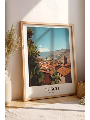 E2 Nova Cusco Peru Vintage Seyahat Posteri Çerçeveli Tablo - Premium And Dağları Elit Duvar Dekoru