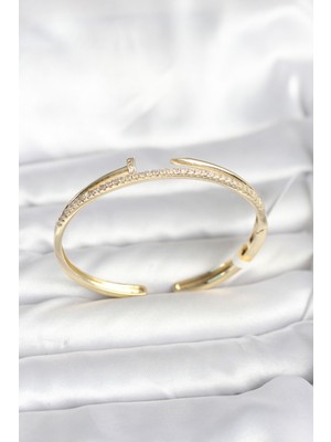 Hkursat Pirinç Gold Renk Zirkon Taşlı Çivi Model Kadın Kelepçe Bileklik