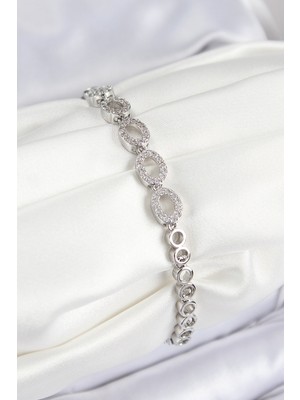 Hkursat Pirinç Zirkon Taşlı Oval Model Gümüş Renk Kadın Bileklik