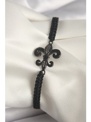 Hkursat Pirinç Siyah Renk Zirkon Taş Işlemeli Zambak Figür Asansörlü Makrome Model Kadın Bileklik