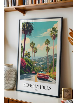E2 Nova Beverly Hills Usa Vintage Seyahat Posteri Çerçeveli Tablo - Premium Lüks Kaliforniya Duvar Dekoru